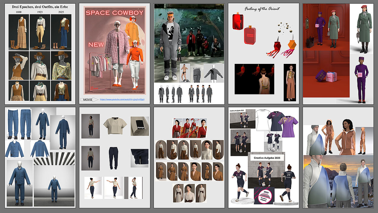 Eine Zusammenstellung von 3D-Entwürfen für Bekleidung, die im Rahmen des Abschlussprojekts von den Teilnehmenden des Intensivtrainings in 2025 erstellt wurden.