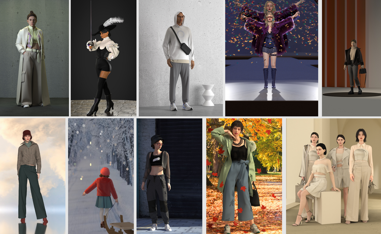 Eine Zusammenstellung von 3D-Entwürfen für Bekleidung, die im Rahmen des Abschlussprojekts von den Teilnehmenden des Intensivtrainings in 2024 erstellt wurden.